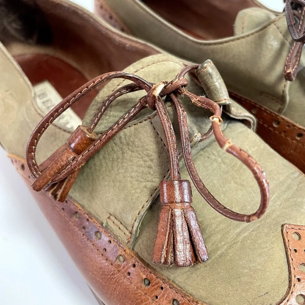 Beltrami Italian Leather Wingtip Oxfords Two Tone Green Brown Tassel Dress Shoes